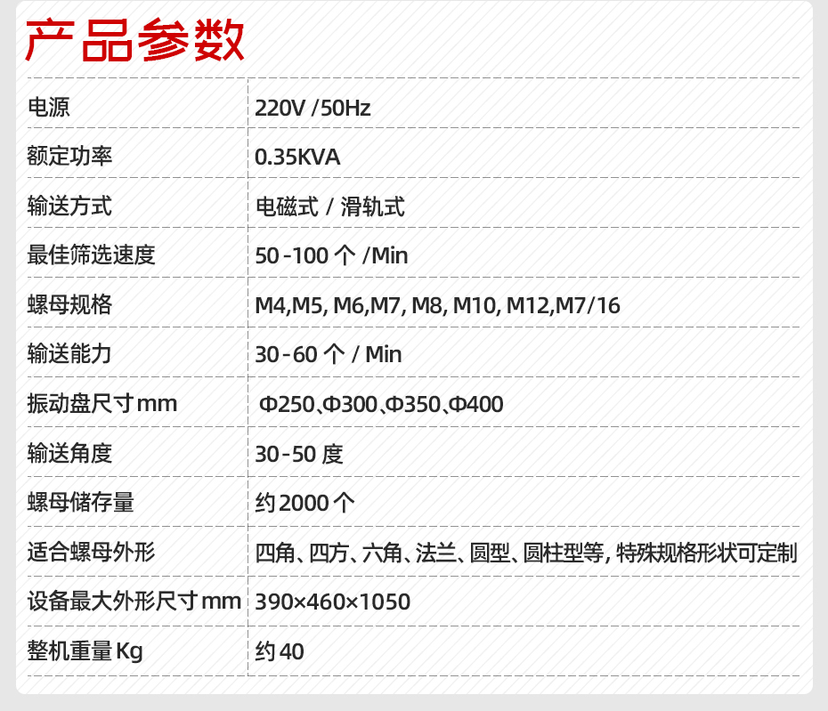 自动螺母输送机产品参数